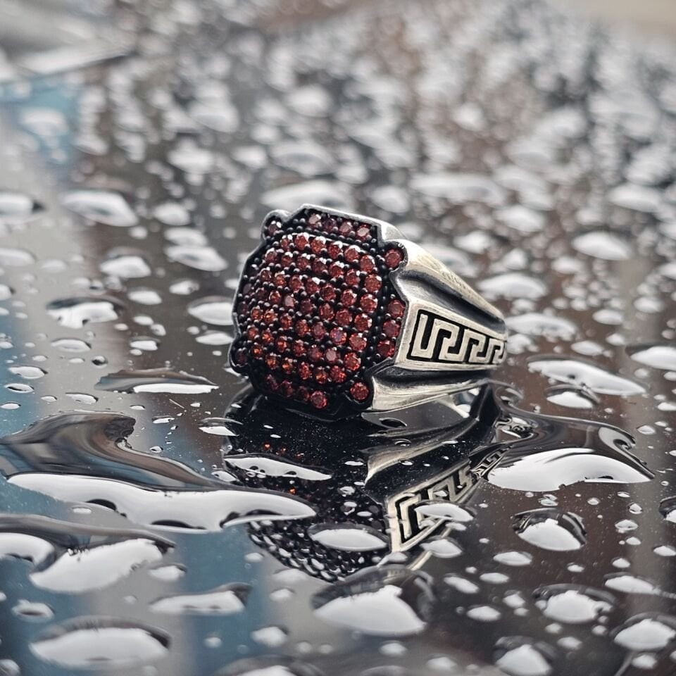925 Ayar Gümüş Ruby Mikro Zirkon Taşlı Erkek Yüzük
