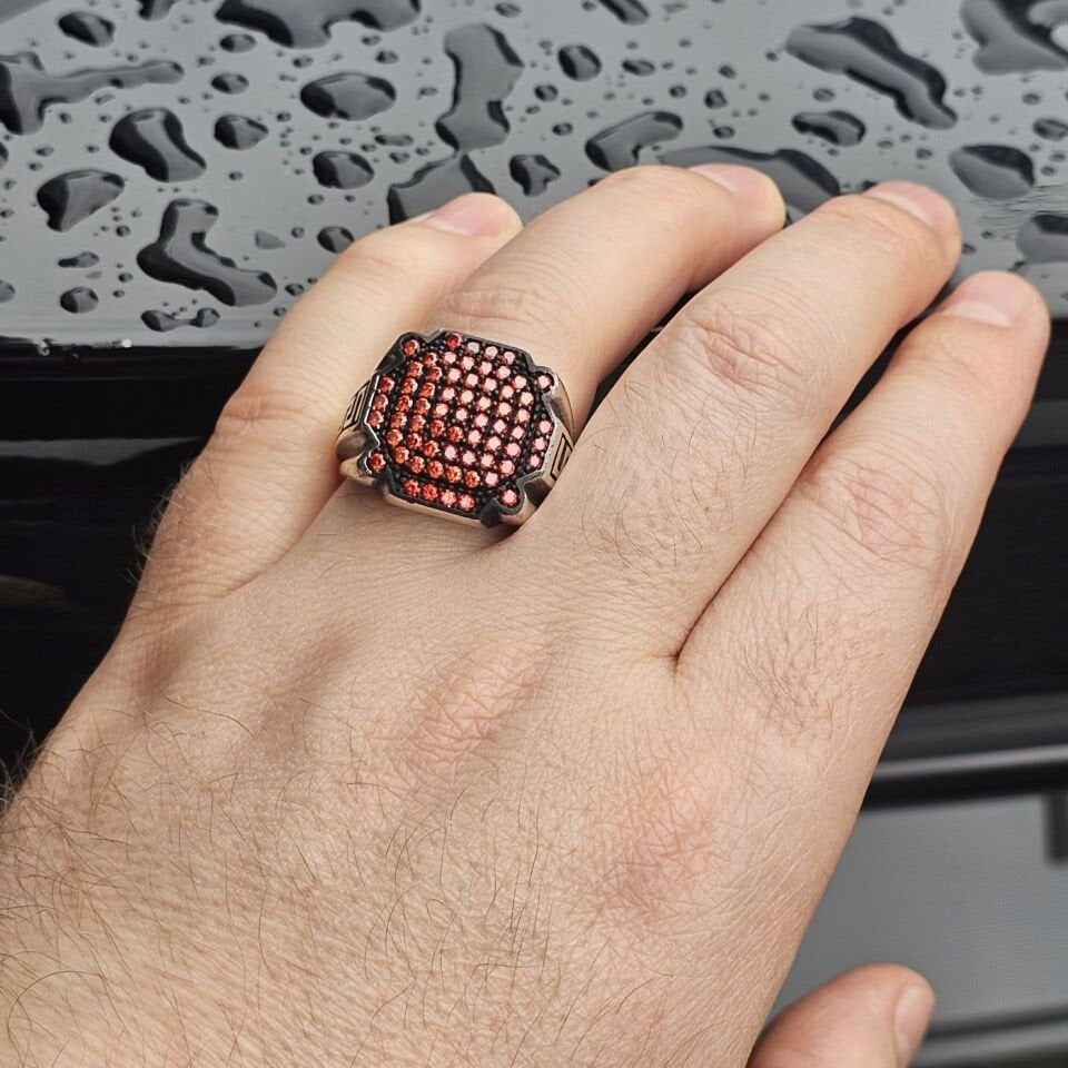 925 Ayar Gümüş Ruby Mikro Zirkon Taşlı Erkek Yüzük