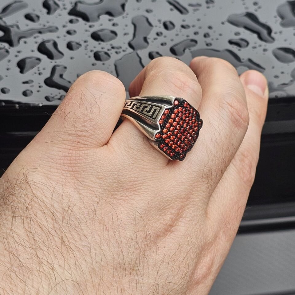 925 Ayar Gümüş Ruby Mikro Zirkon Taşlı Erkek Yüzük
