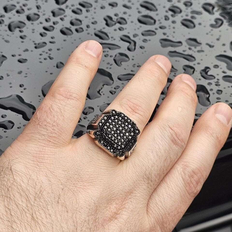 925 Ayar Gümüş Siyah Mikro Zirkon Taşlı Erkek Yüzük