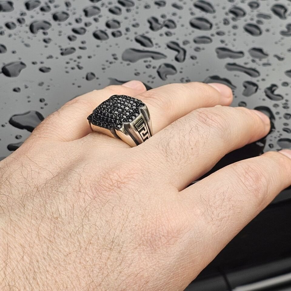925 Ayar Gümüş Siyah Mikro Zirkon Taşlı Erkek Yüzük 27