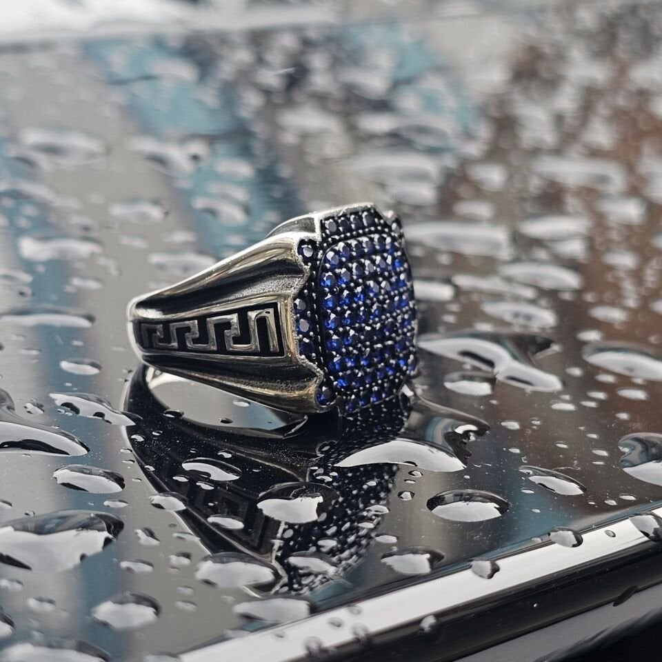 925 Ayar Gümüş Mavi Mikro Zirkon Taşlı Erkek Yüzük 27