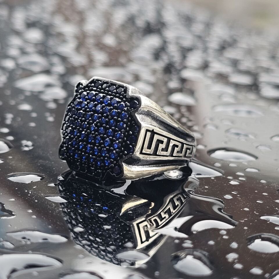 925 Ayar Gümüş Mavi Mikro Zirkon Taşlı Erkek Yüzük 27