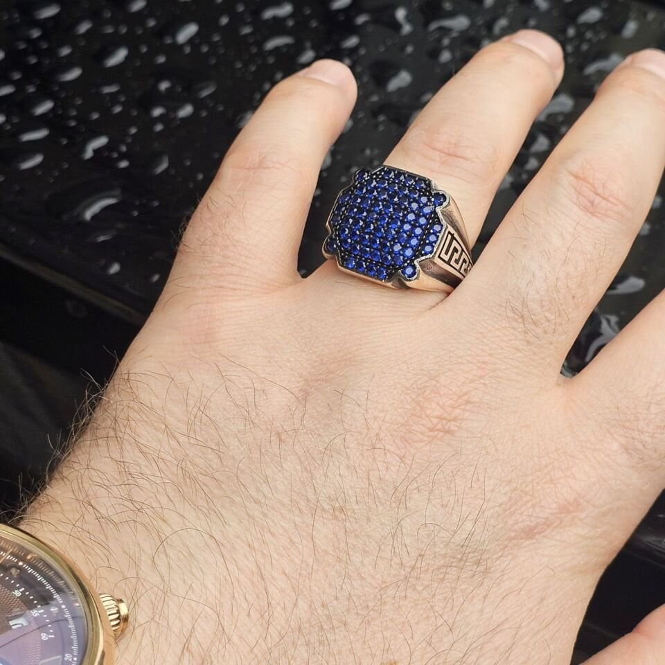 925 Ayar Gümüş Mavi Mikro Zirkon Taşlı Erkek Yüzük