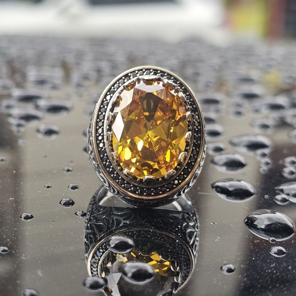 Lüks Sarı Sitrin taşlı 925 Ayar Erkek Gümüş Yüzük