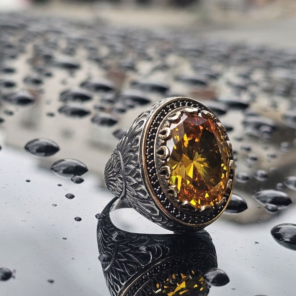 Lüks Sarı Sitrin taşlı 925 Ayar Erkek Gümüş Yüzük 30
