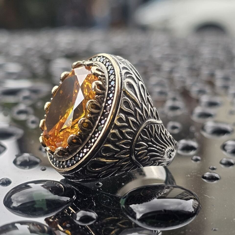 Lüks Sarı Sitrin taşlı 925 Ayar Erkek Gümüş Yüzük 30