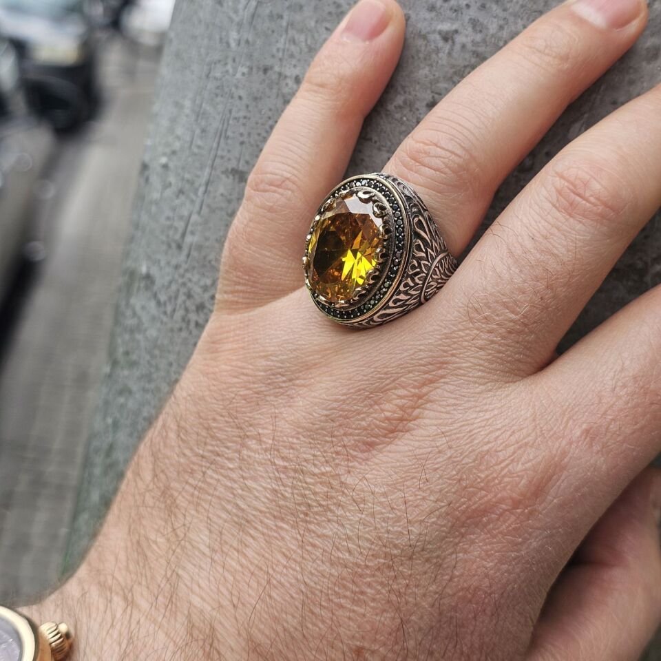 Lüks Sarı Sitrin taşlı 925 Ayar Erkek Gümüş Yüzük 30