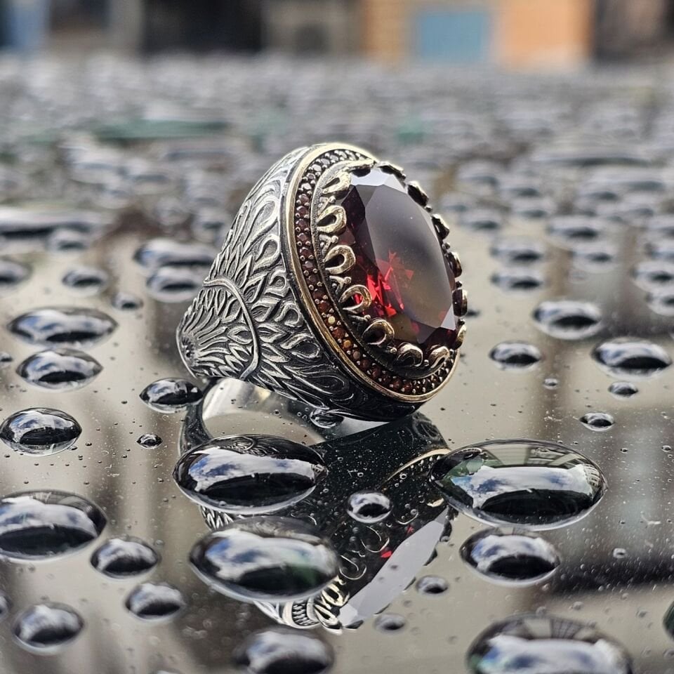 Ruby Kırmızı Zirkon Taşlı 925 Ayar Erkek Gümüş Yüzük 30