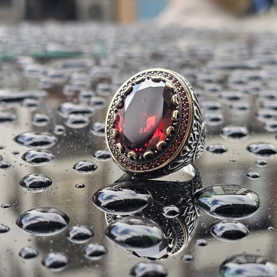 Ruby Kırmızı Zirkon Taşlı 925 Ayar Erkek Gümüş Yüzük