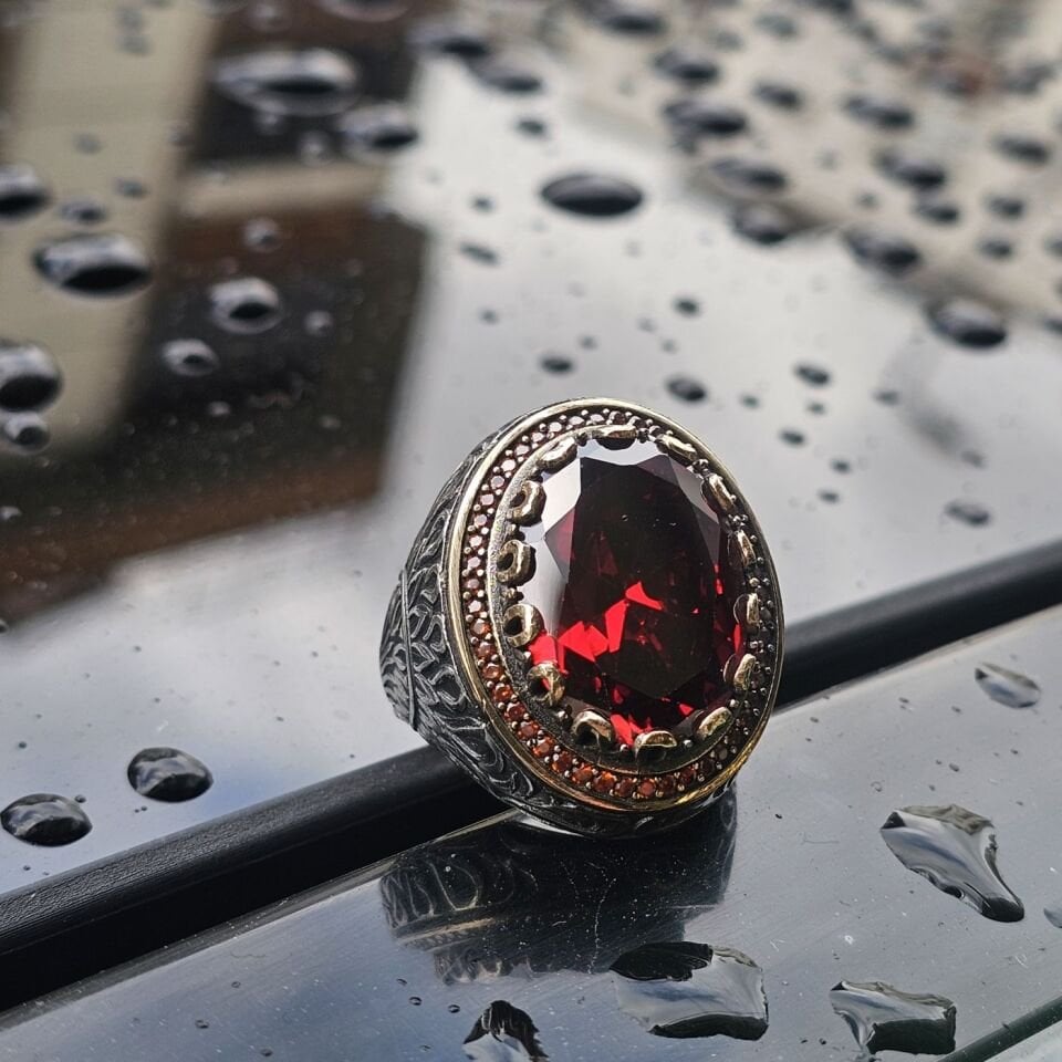 Ruby Kırmızı Zirkon Taşlı 925 Ayar Erkek Gümüş Yüzük