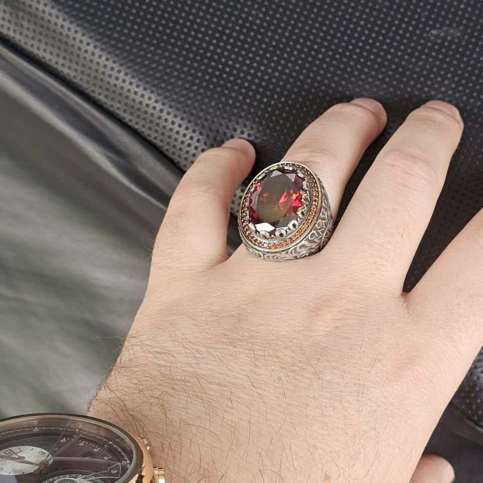 Ruby Kırmızı Zirkon Taşlı 925 Ayar Erkek Gümüş Yüzük