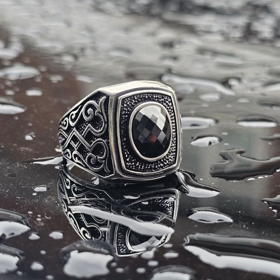 925 Ayar Gümüş Kristal Kesim Siyah Zirkon taşlı Erkek Yüzük 29