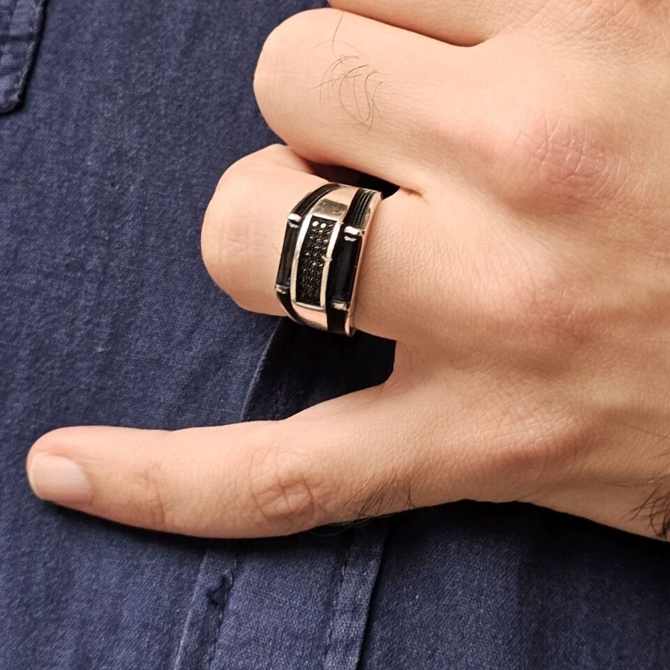 Siyah Baget Zirkon taşlı 925 Ayar Gümüş Erkek Yüzük 25