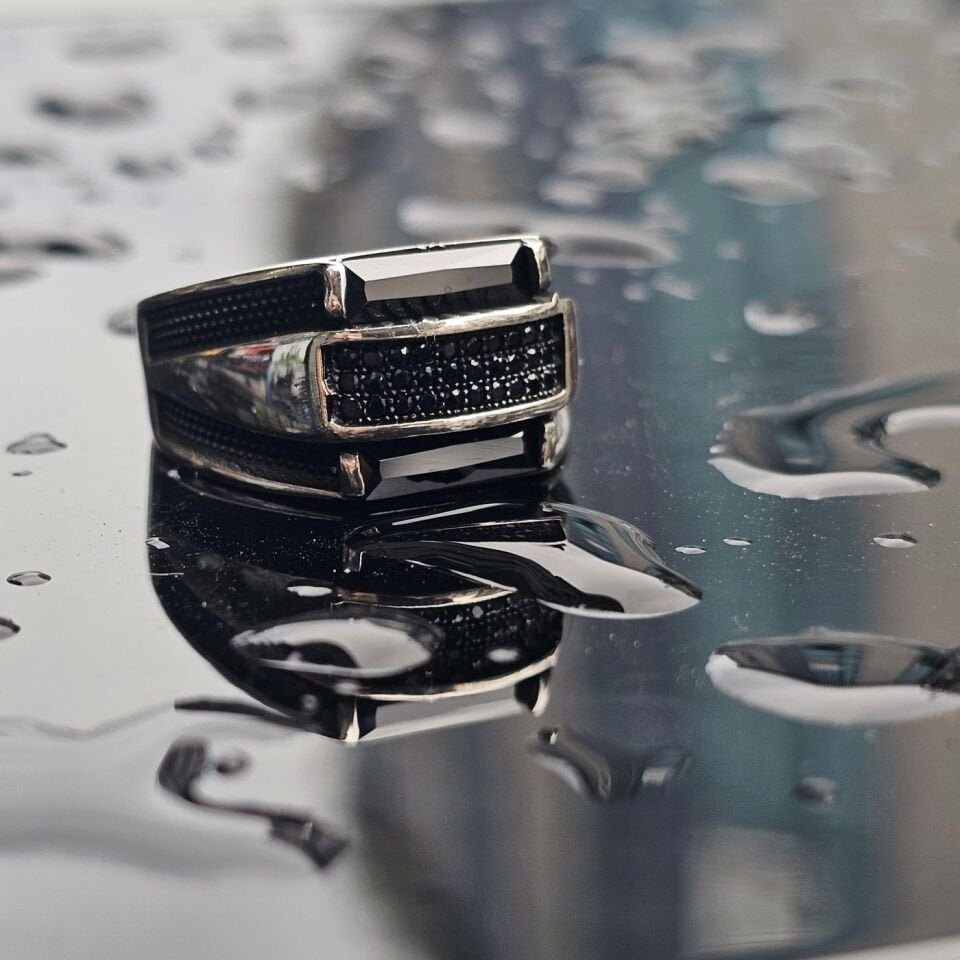 Siyah Baget Zirkon taşlı 925 Ayar Gümüş Erkek Yüzük