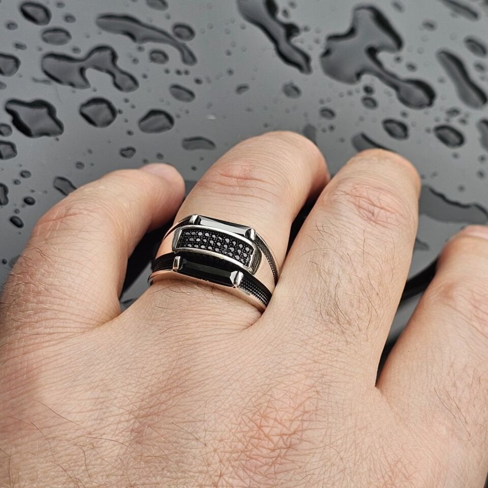 Siyah Baget Zirkon taşlı 925 Ayar Gümüş Erkek Yüzük 25